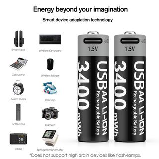 2 Pilas Recargables AA USB 3400mWh