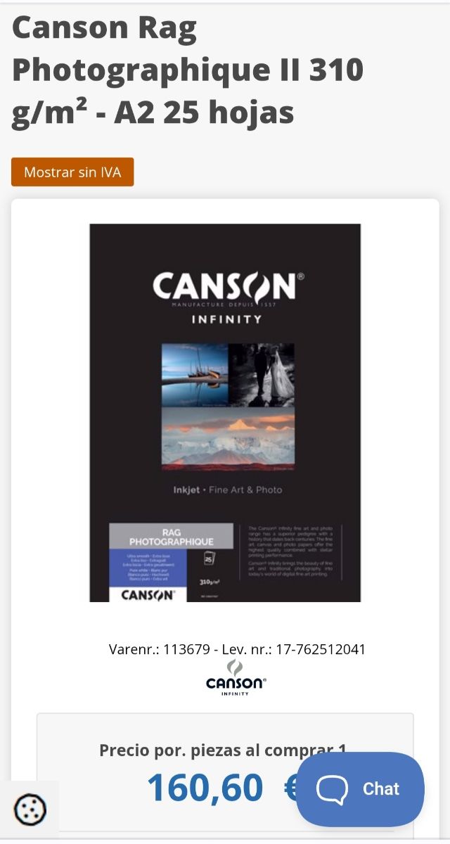 Papel fotográfico Canson Infinity Rag Photographiq