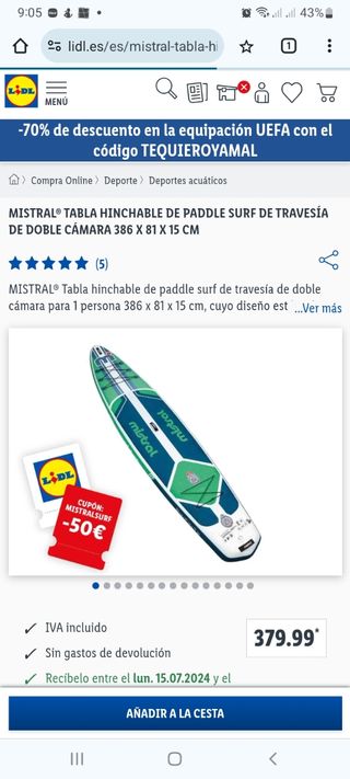 Tabla Paddle Surf Mistral hinchable