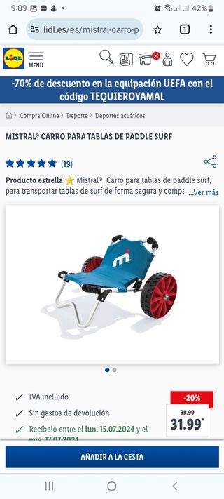 Tabla Paddle Surf Mistral hinchable