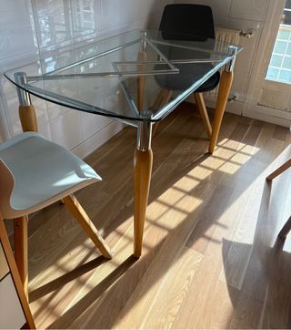 Mesa cristal acero madera