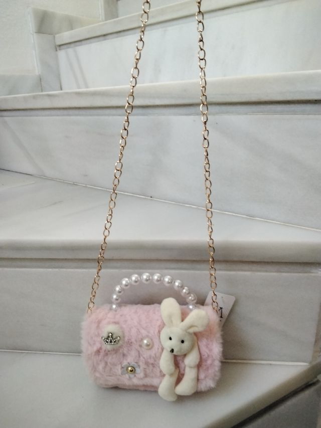 Bolso niña rosa conejito, corona y flor...