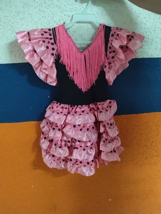 Traje niña flamenca rosa lunares negros