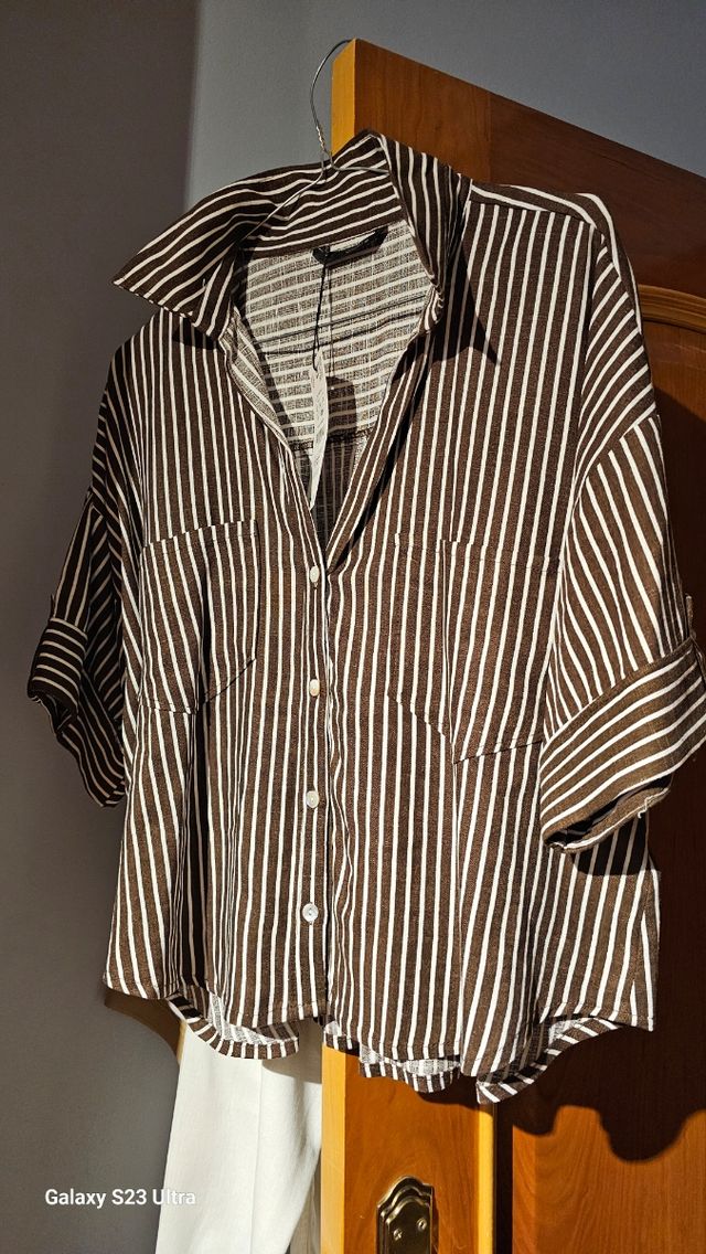 Blusa Zara rayas marrón-blanco M