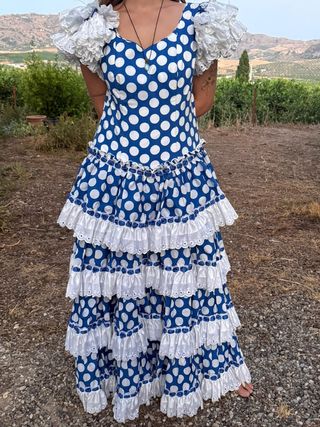 Vestido gitana lunares azul blanco