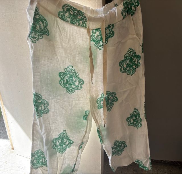 Pantalón lino verano - verde, blanco