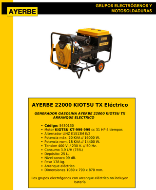 Gerador Ayerbe 22000 KT TX E- 5430130