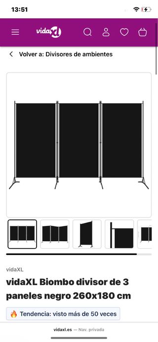 Biombo vidaXL negro 260x180cm