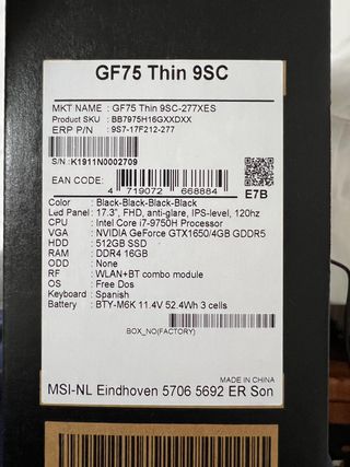 Portátil MSI GF75 Thin 9SC - Negro