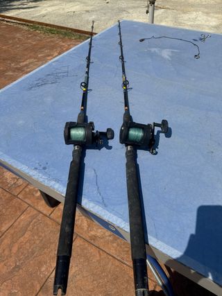 2 canne da pesca Troop e una scatola con oggetti di pesce
