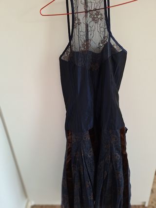Vestido Alba Conde Fiesta Azul y marrón, con lazo 