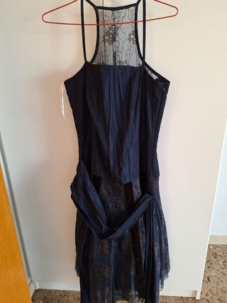 Vestido Alba Conde Fiesta Azul y marrón, con lazo 