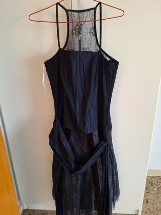 Vestido Alba Conde Fiesta Azul y marrón, con lazo 