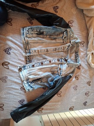 Giacca Jeans con Maniche in Ecopelle XS
