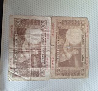 2 Billetes 100 Pesetas Españay monedas