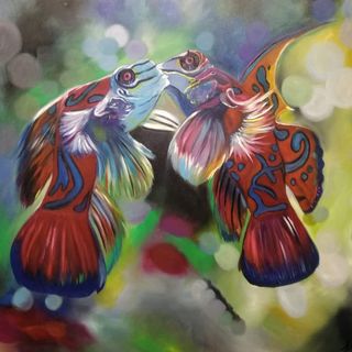 Óleo peces besándose 100x100cm Pois(s)on .
