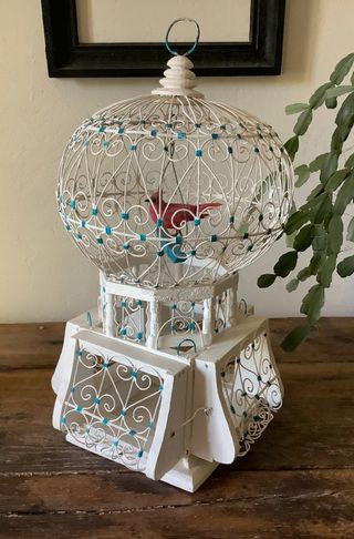 Gabbia uccelli vintage bianco-turchese artigianato