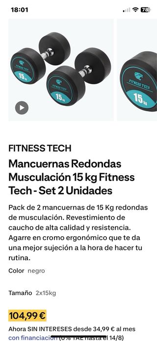 Dos Mancuernas Fitness Tech 15kg gimnasio