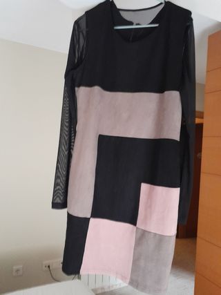 Vestido patchwork negro y rosa,antelina