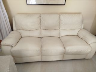 Sofá 3 plazas piel beige con dos relax
