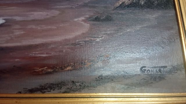 Cuadro grande al óleo, olas salvajes firmado.