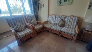 Sofá mimbre 3 plazas - beige, azul