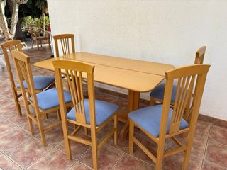 Mesa madera PLEGABLE + 6 sillas cojín tapizado
