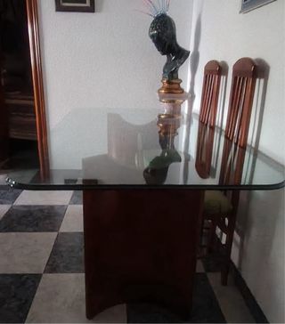 Mesa cristal salón - madera oscura