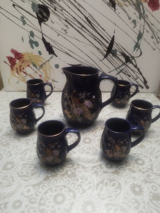 Jarra y 6 vasos porcelana azul