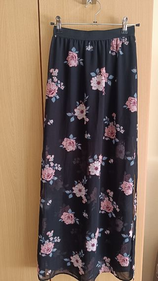 Falda larga floral negra - talla XXS