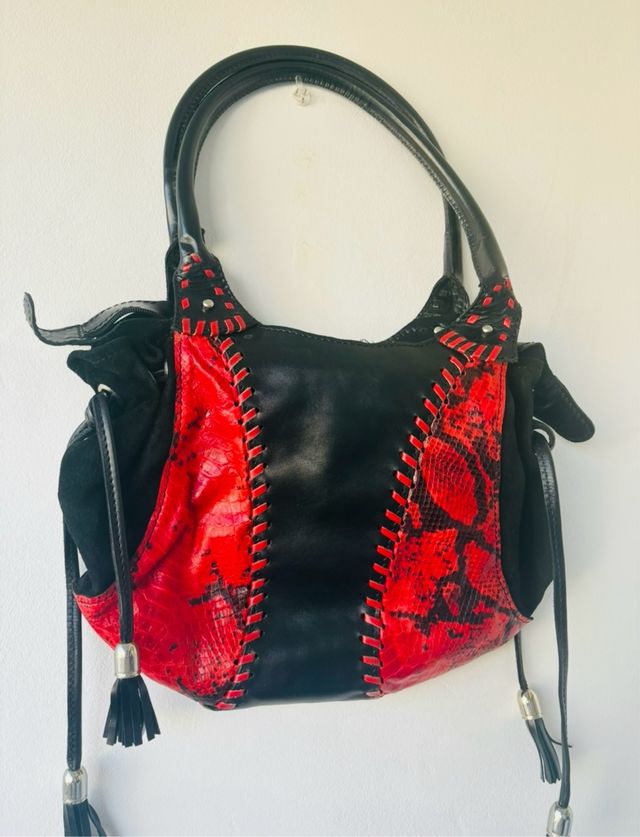 Bolso piel bicolor rojo-negro