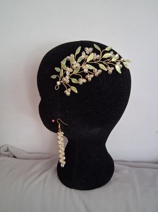 Conjunto: tocado y pendientes con esmalte, fiesta