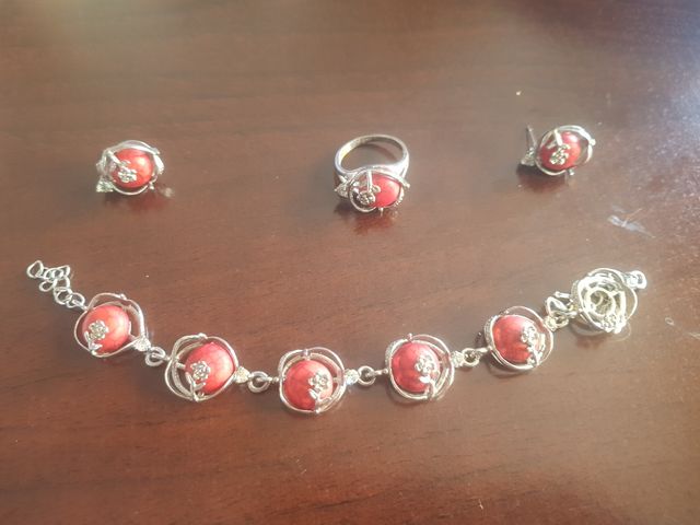 Joyas l Rojo Plateado: Pulsera, Pendientes y Anil