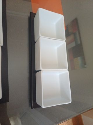 Bandeja+Cuencos - Porcelana, Madera