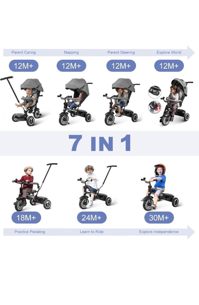 Triciclo infantil rojo con capota besrey 7 en 1
