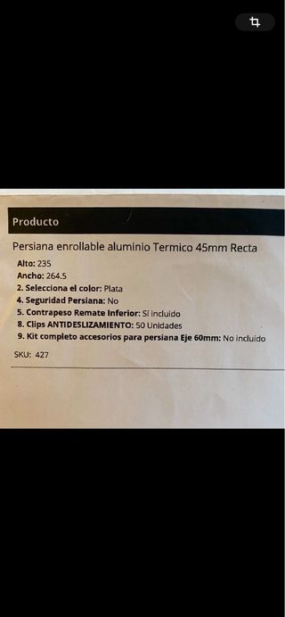 Persiana aluminio térmica 235 x 264’5 cm En caja