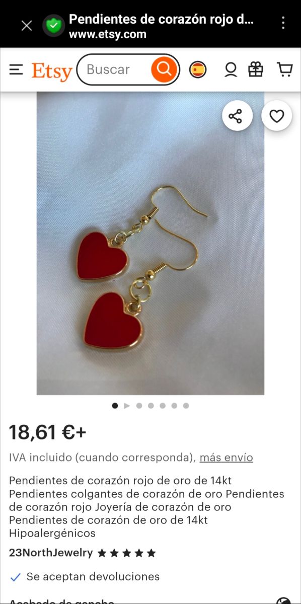 Pendientes corazón rojos dorados