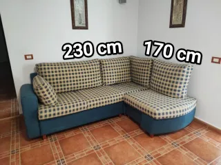 Sofá chaise longue azul y beige. Precioso Sillón