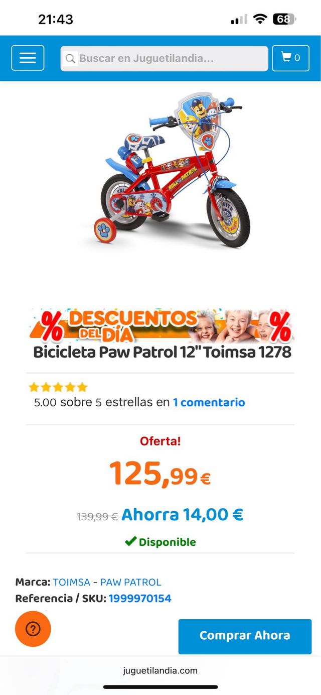 Bicicleta Paw Patrol 12" Toimsa