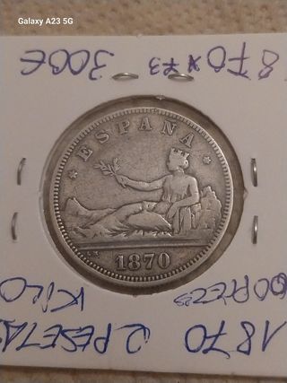 2 Pesetas 1870*⁷³, - Moneda Española colección exc