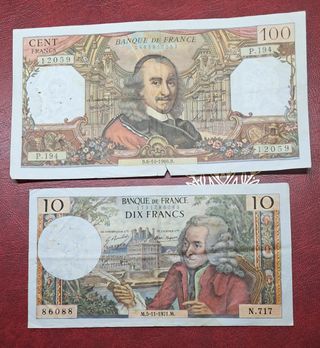 2 Billetes Francia (10 y 100 Francos)