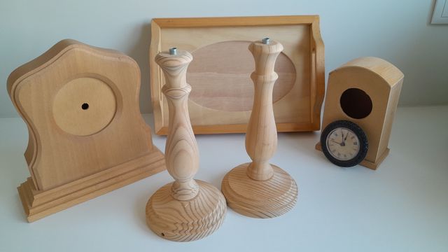 Lote madera manualidades: reloj, bases