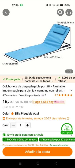 Silla playa plegable azul portátil. 