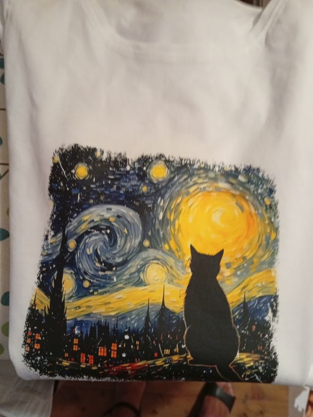 T-shirt Stampa Gatto Notte Stellata