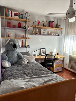 Habitación juvenil: cama, escritorio, estanterías