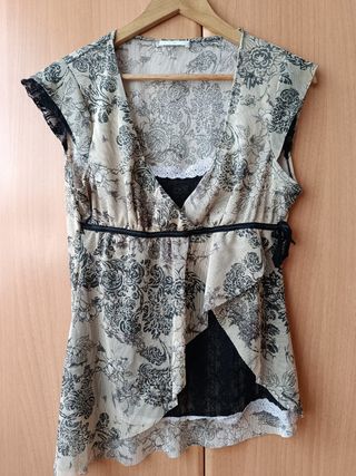 Blusa beige y negra estampada. PROMOD.TALLA U. 2 E
