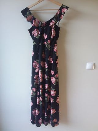 Vestido floral comprido - Preto/Rosa