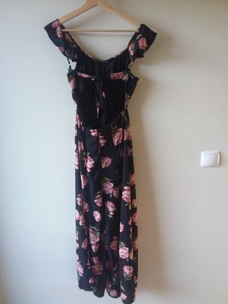 Vestido floral comprido - Preto/Rosa