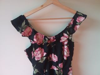 Vestido floral comprido - Preto/Rosa