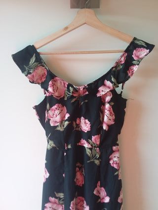 Vestido floral comprido - Preto/Rosa